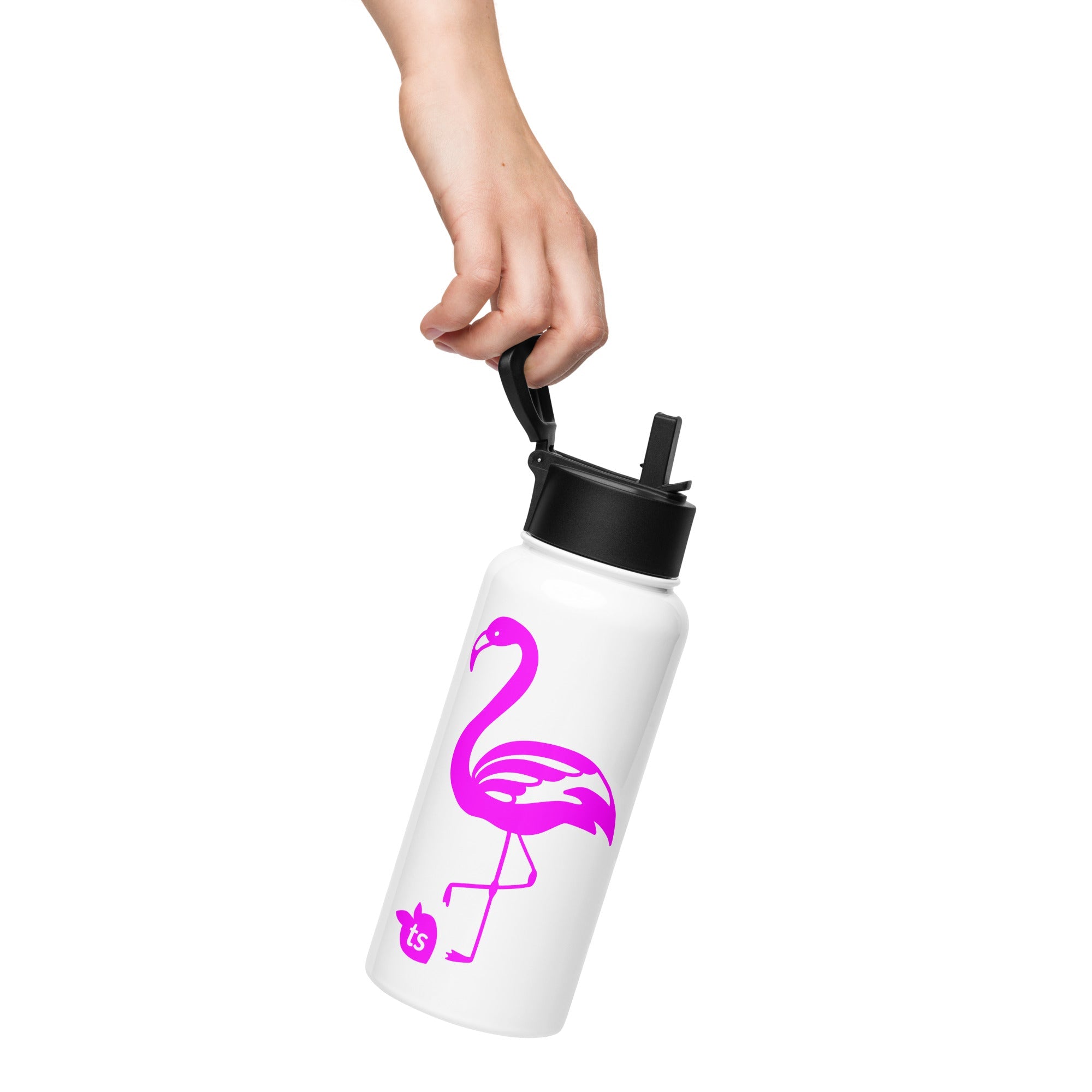 tsgabrielle® • Flamant Rose • Waterfles met rietje • Roestvrij staal • Wit • 32 oz