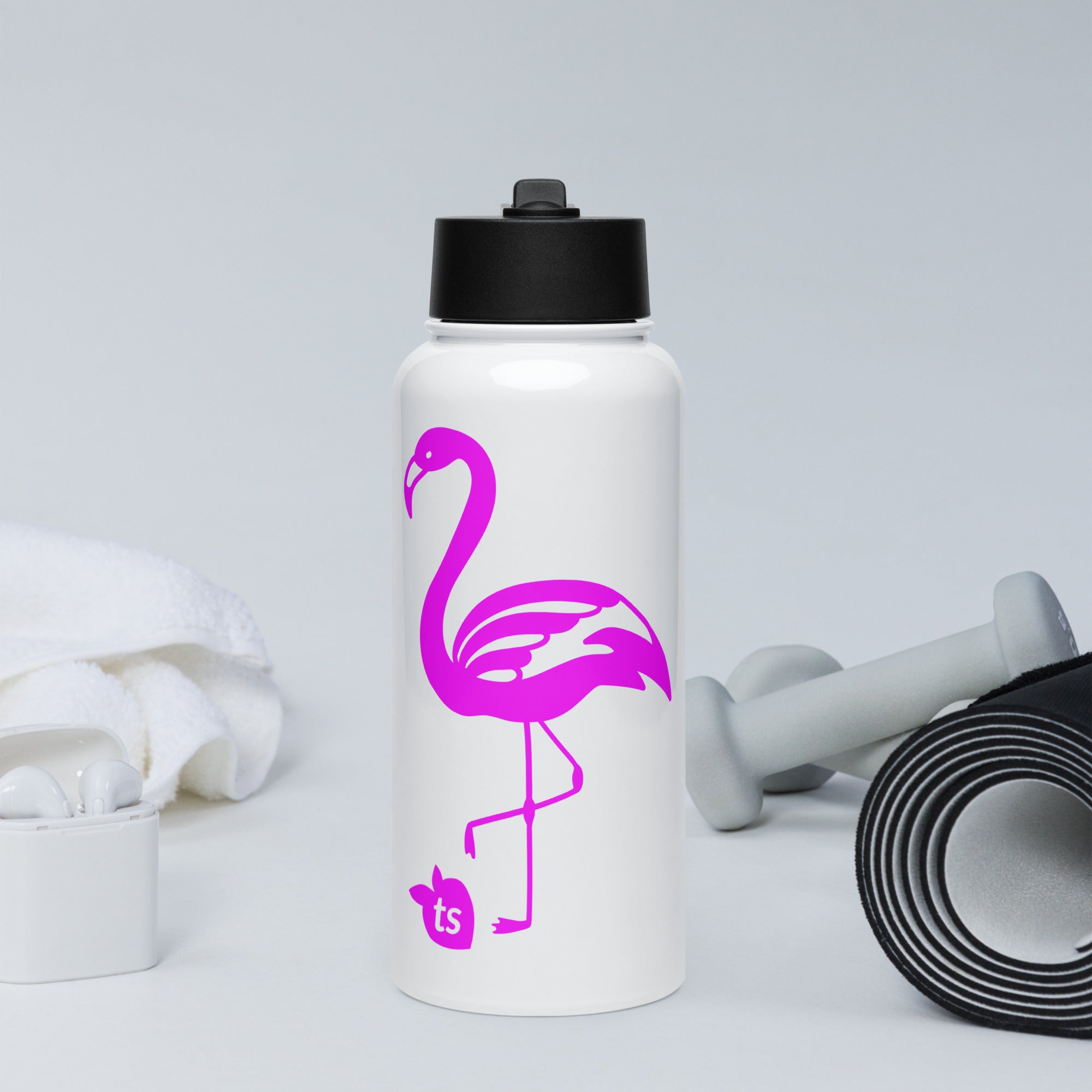tsgabrielle® • Flamant Rose • Waterfles met rietje • Roestvrij staal • Wit • 32 oz