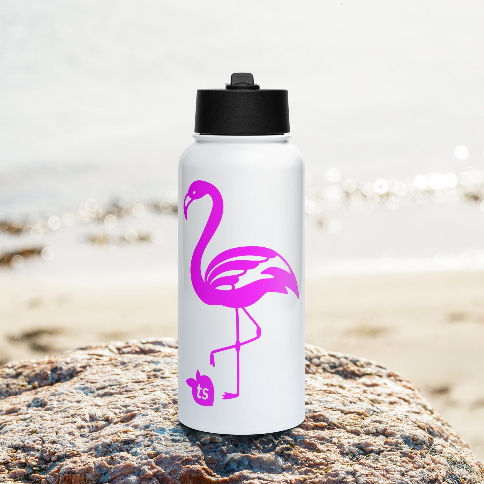 tsgabrielle® • Flamant Rose • Waterfles met rietje • Roestvrij staal • Wit • 32 oz