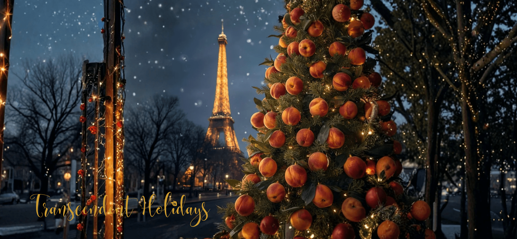 Decorative Christmas tree with oranges in front of the Eiffel Tower at night.