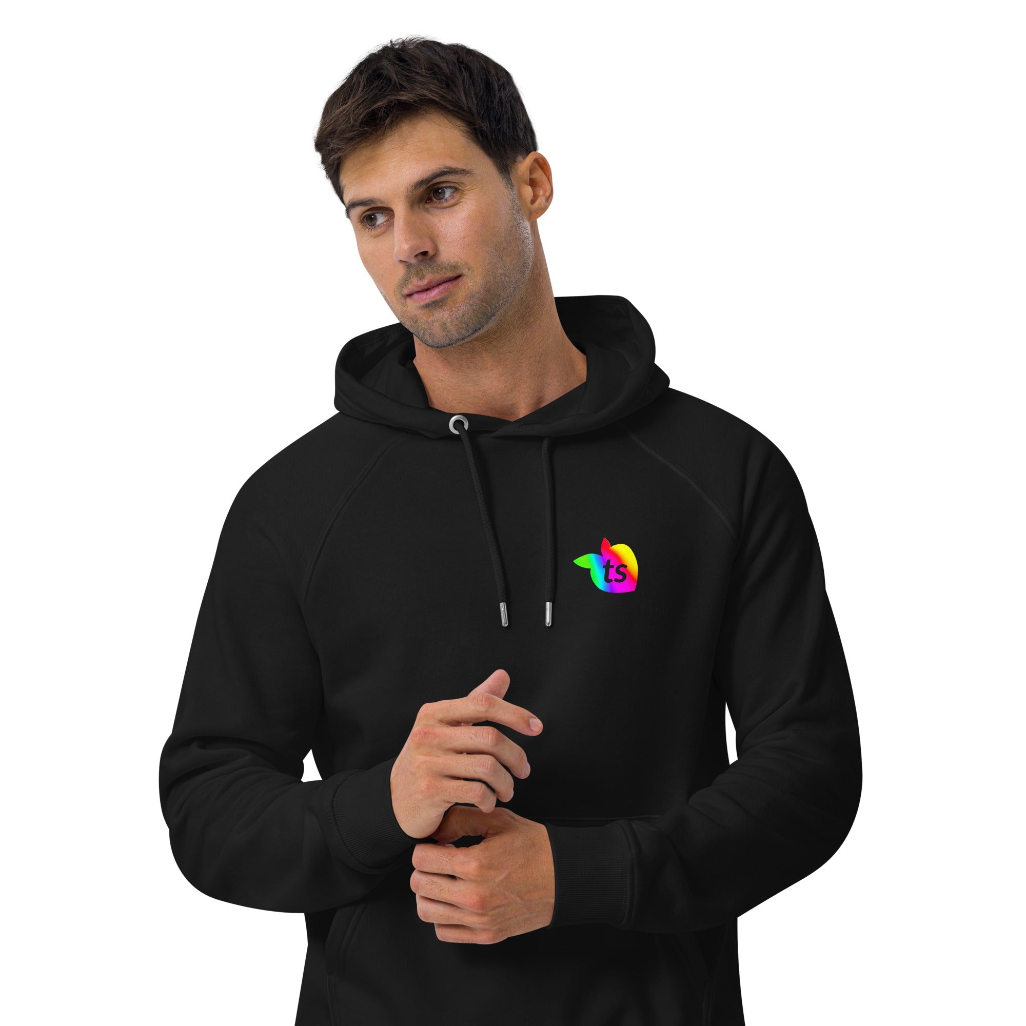 Man wearing a black hoodie with a colorful logo on a white background