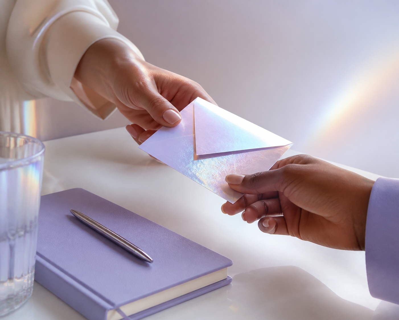 Two people exchanging an iridescent envelope across a softly lit desk